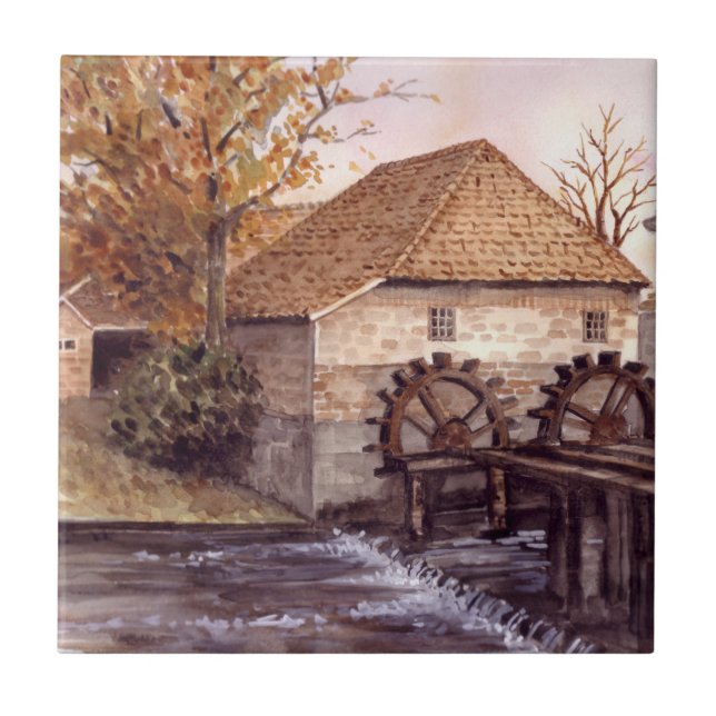 Watermill Watercolor Painting by Farida Greenfield Tile (Front)