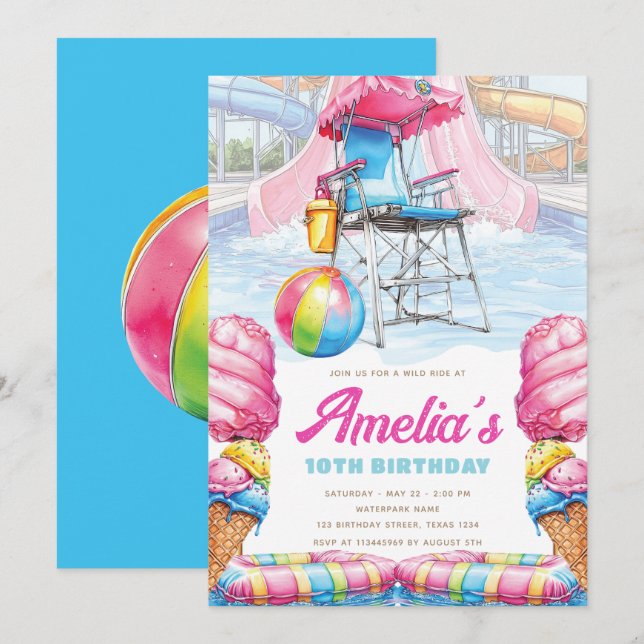 Waterpark Birthday Lifeguard Chair & Pool Fun Invitation (Front/Back)