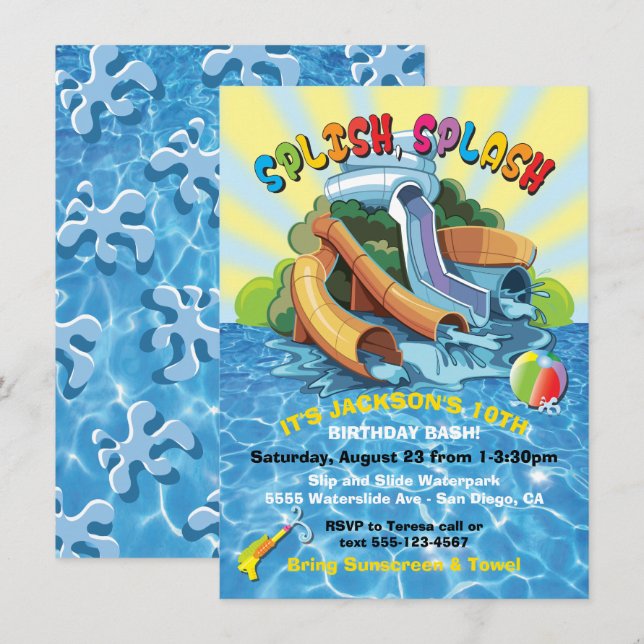 Waterpark Waterslide Pool Party Birthday Invite (Front/Back)