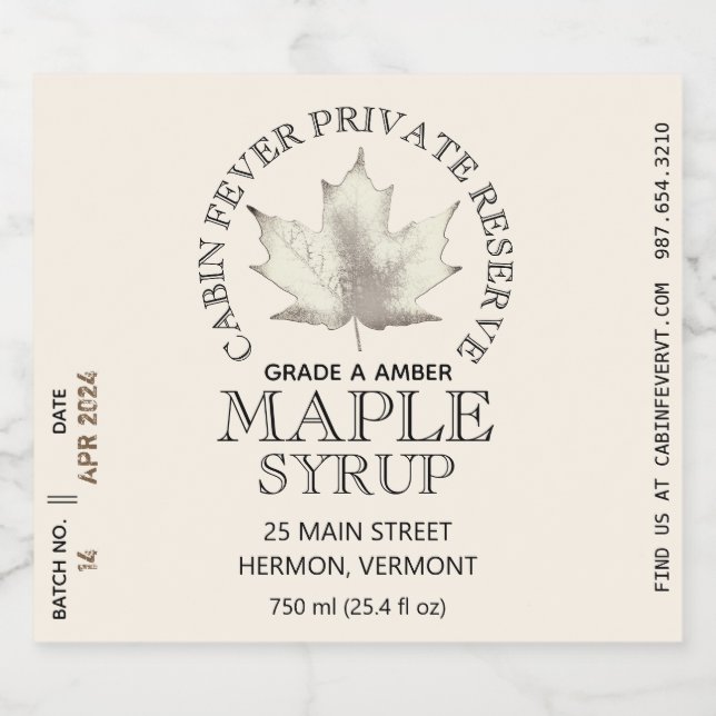 Waterproof Maple Syrup Logo Batch Date 4" x 3.5" Liquor Bottle Label (Single Label)