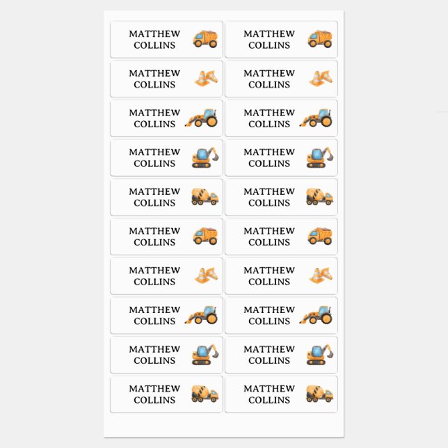 Waterproof Personalized Name Labels Construction (Sheet)