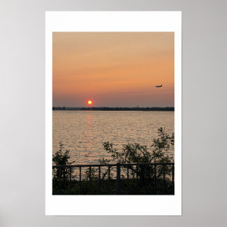 Waterscape Sunset with Airplane Poster