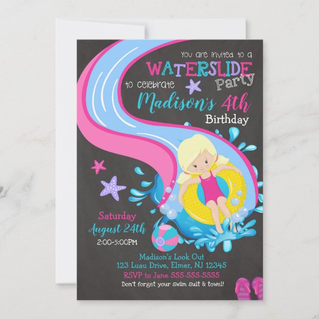 Waterslide Birthday Invitation / Pool Party / Girl (Front)