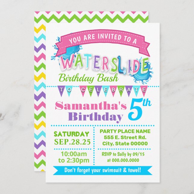 Waterslide birthday summer party pink teal purple invitation (Front/Back)