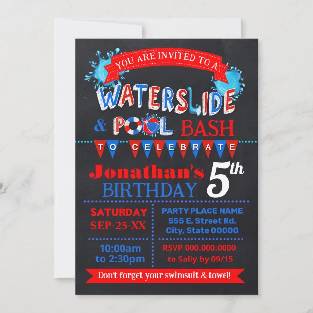 Waterslide Pool Birthday Party Bash Red White Blue Invitation (Front)