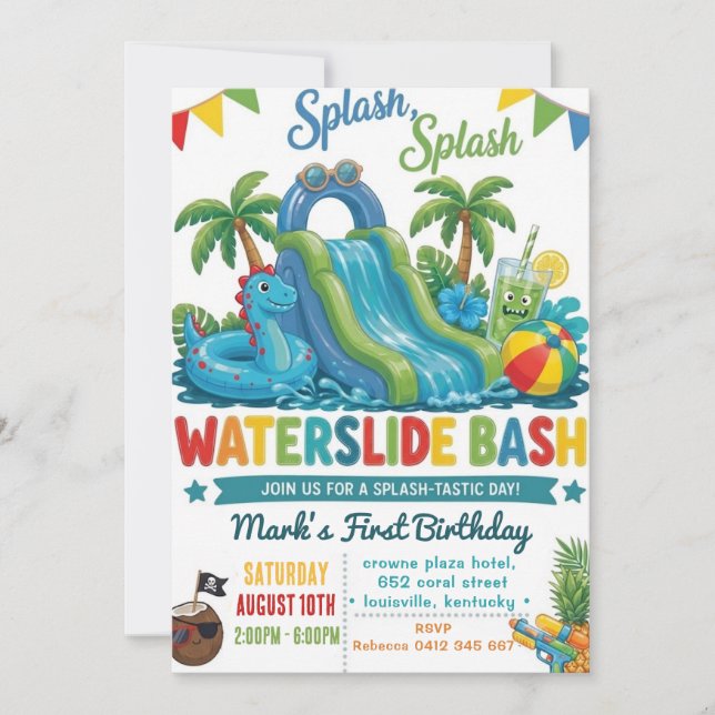 Waterslide Summer Pool Boy Birthday Party Invitation (Front)