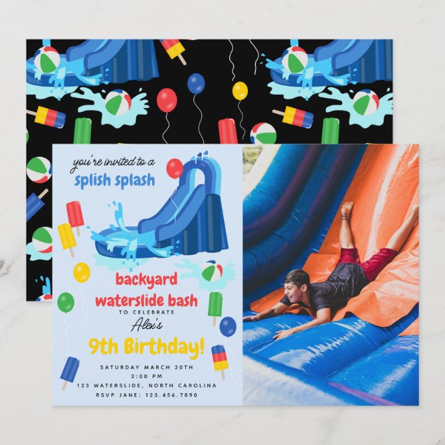 Waterslide Summer Splish Splash Photo Birthday Invitation (Front/Back)
