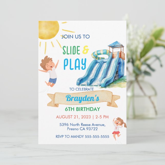 Waterslide Water Slide Waterpark Pool Birthday Invitation (Standing Front)
