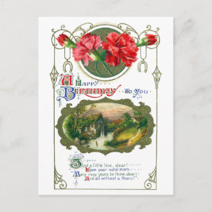 Waterwheel and Red Carnations Vintage Birthday Postcard