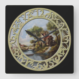 Waterwheel Cottage on the Water Square Wall Clock
