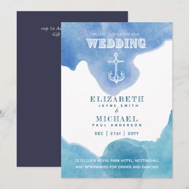 Watery Nautical Sailing Destination Wedding Invite (Front/Back)