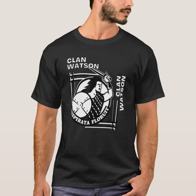 Watson Clan Gaelic Motto Swordsman T-Shirt (Front)