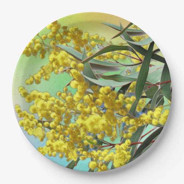 Wattle & Gum Leaves Australian  9" Paper Plate (Front)