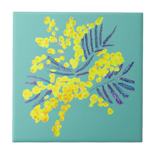Wattle Mimosa yellow flower art Australia Tile