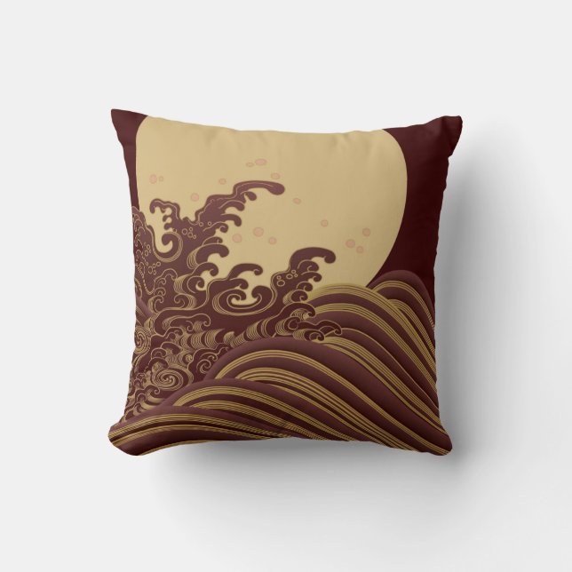 Wave and Full moon, Japanese Design Throw Pillow (Front)