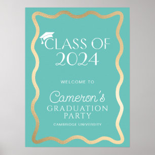 Wave Aqua Gold Graduation Party Welcome Poster