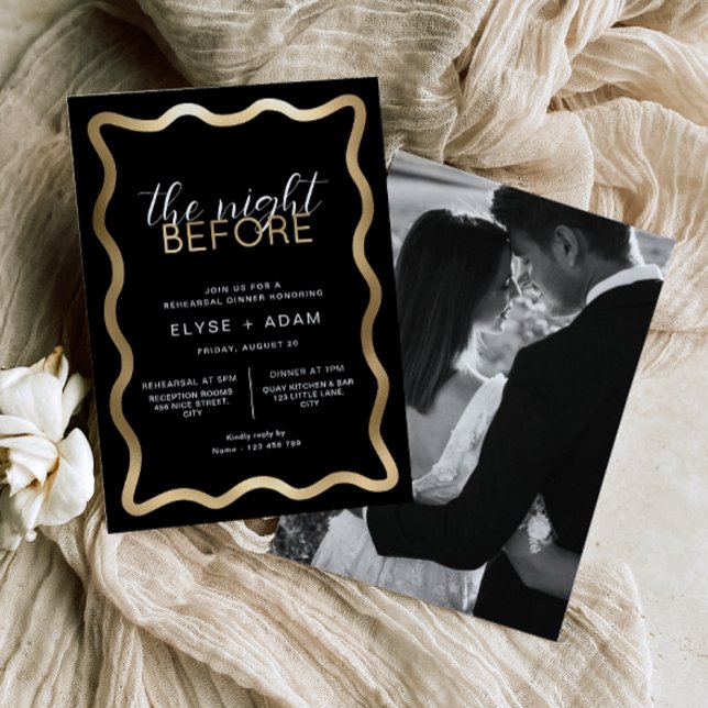 Wave Black Rehearsal Dinner (Wedding Rehearsal Dinner Invitation Black Gold Wave)