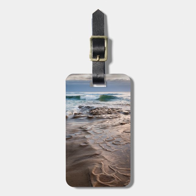 Wave breaking on beach, California Luggage Tag (Front Vertical)