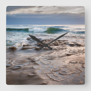 Wave breaking on beach, California Square Wall Clock