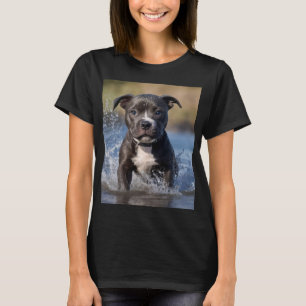 "Wave Chaser: A Staffy Puppy at Play in the Ocean" T-Shirt