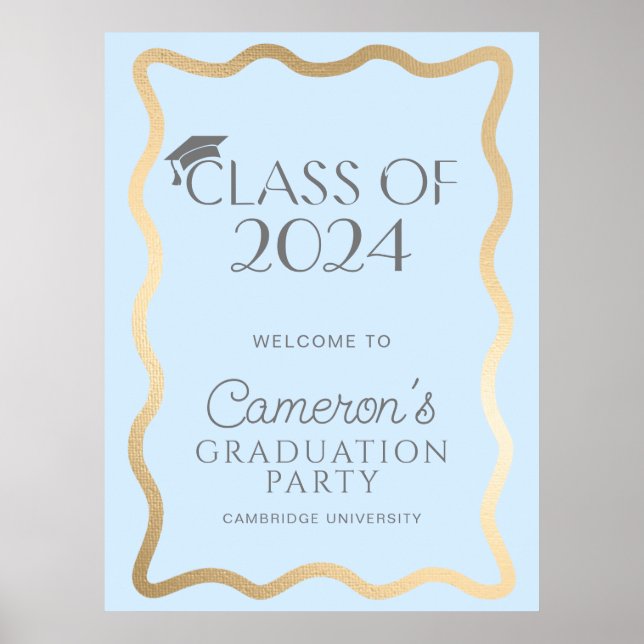 Wave Light Blue Gold Graduation Party Welcome Poster (Front)