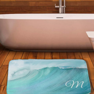 Wave Ocean Aqua Beach Blue Modern Scene Bath Mat
