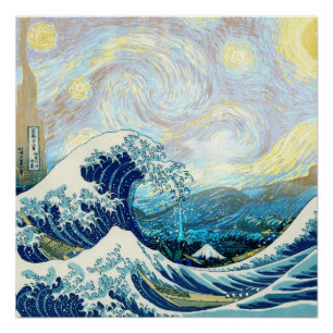WAVE OF KANAGAWA IN STARRY NIGHT BACKGROUND POSTER