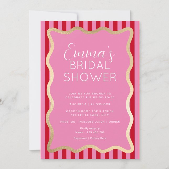 Wave Pink Red Stripe Bridal Shower Invitation (Front)