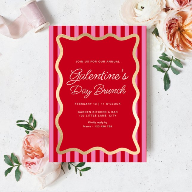Wave Red Pink Stripe Galentine's Day Brunch Invitation (Galentines Brunch Invitation Hot Pink Stripe)