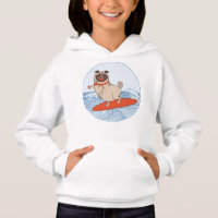 Wave riding happy pug dog on surfboard