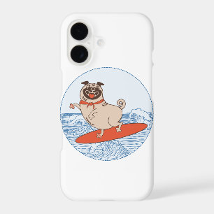 Wave riding happy pug dog on surfboard