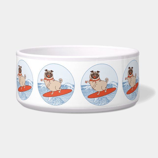 Wave riding happy pug dog on surfboard  (Front)