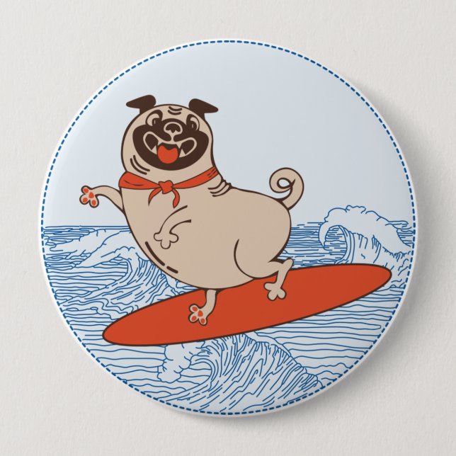 Wave riding happy pug dog on surfboard   4 inch round button (Front)