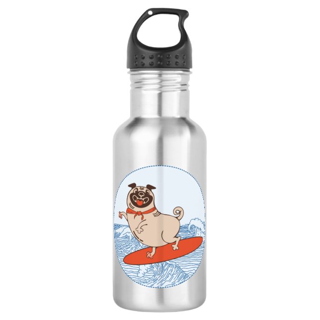 Wave riding happy pug dog on surfboard   532 ml water bottle (Front)