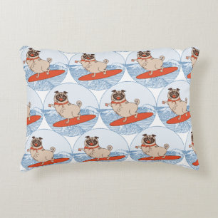 Wave riding happy pug dog on surfboard accent pillow