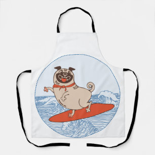 Wave riding happy pug dog on surfboard apron