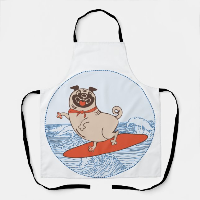 Wave riding happy pug dog on surfboard  apron (Front)