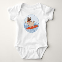 Wave riding happy pug dog on surfboard 