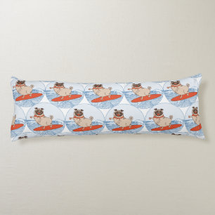 Wave riding happy pug dog on surfboard body pillow