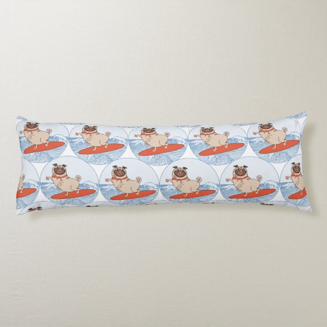 Wave riding happy pug dog on surfboard  body pillow (Back)