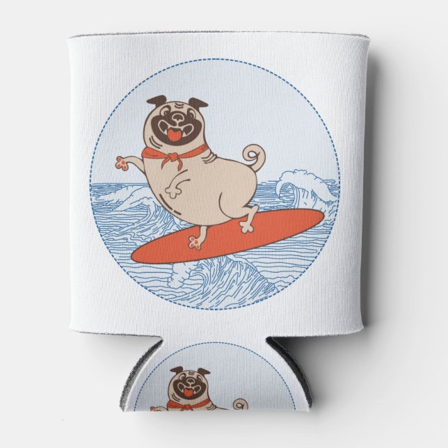 Wave riding happy pug dog on surfboard   can cooler (Front)