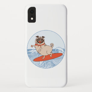 Wave riding happy pug dog on surfboard  iPhone XR case