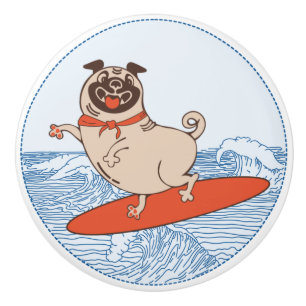 Wave riding happy pug dog on surfboard   ceramic knob