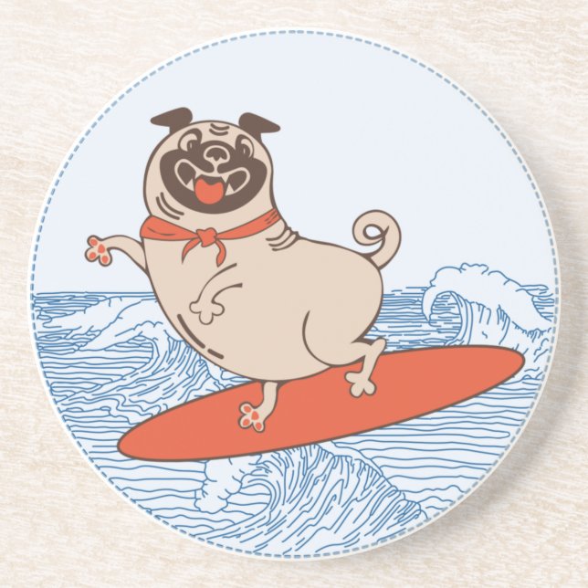 Wave riding happy pug dog on surfboard  coaster (Front)