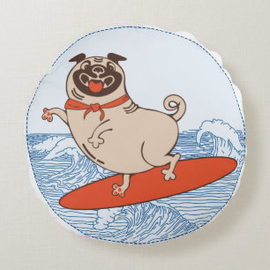 Wave riding happy pug dog on surfboard cufflinks round pillow