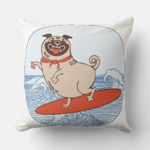 Wave riding happy pug dog on surfboard cufflinks throw pillow
