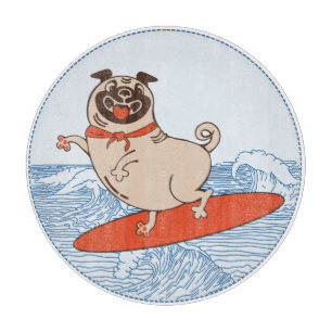 Wave riding happy pug dog on surfboard cutting board