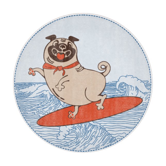 Wave riding happy pug dog on surfboard   cutting board (Front)