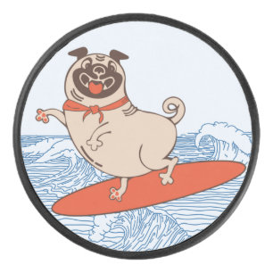 Wave riding happy pug dog on surfboard hockey puck