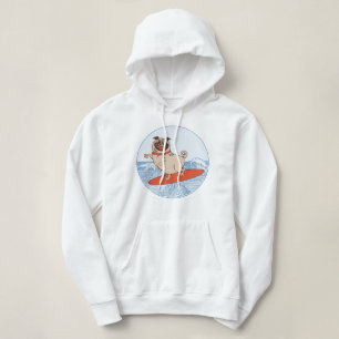 Wave riding happy pug dog on surfboard hoodie